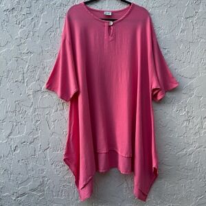 Oh My Gauze Womens 1X Pink Cotton Gauze Oversized Sharkbite Tunic Top Pocket